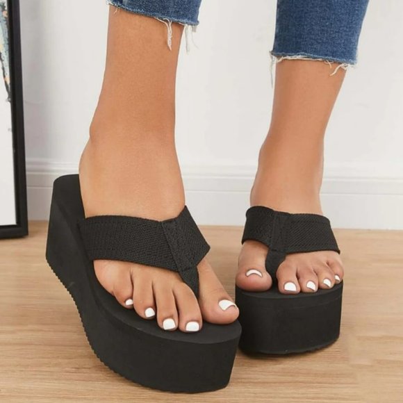 Restocked Black Foam Platform Wedge Flip Flop Sandals - Picture 5 of 9